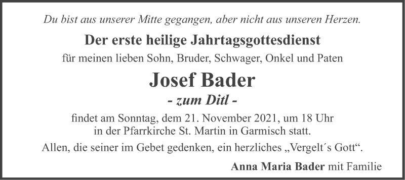 Traueranzeige für Josef Bader vom 19.11.2021 aus merkurtz