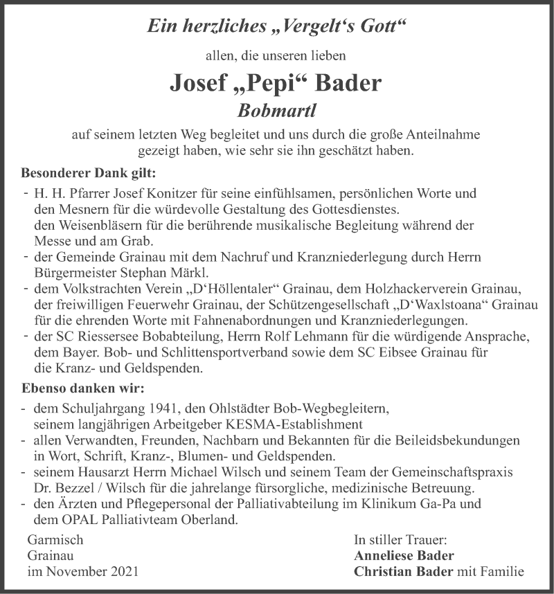  Traueranzeige für Josef Bader vom 20.11.2021 aus merkurtz