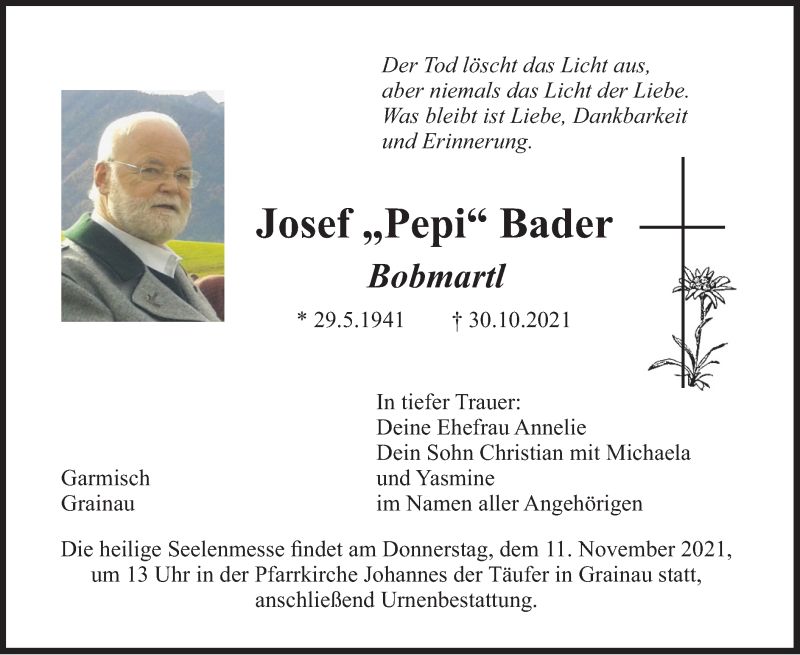  Traueranzeige für Josef Bader vom 06.11.2021 aus merkurtz