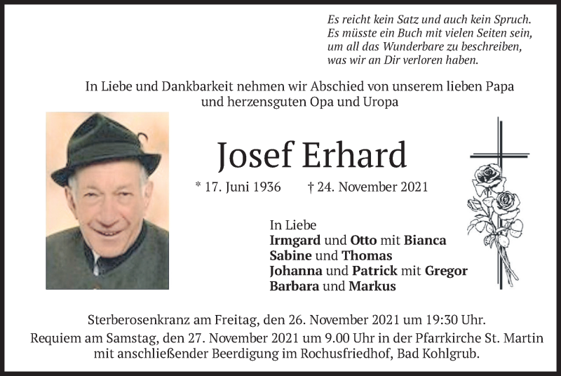  Traueranzeige für Josef Erhard vom 26.11.2021 aus merkurtz