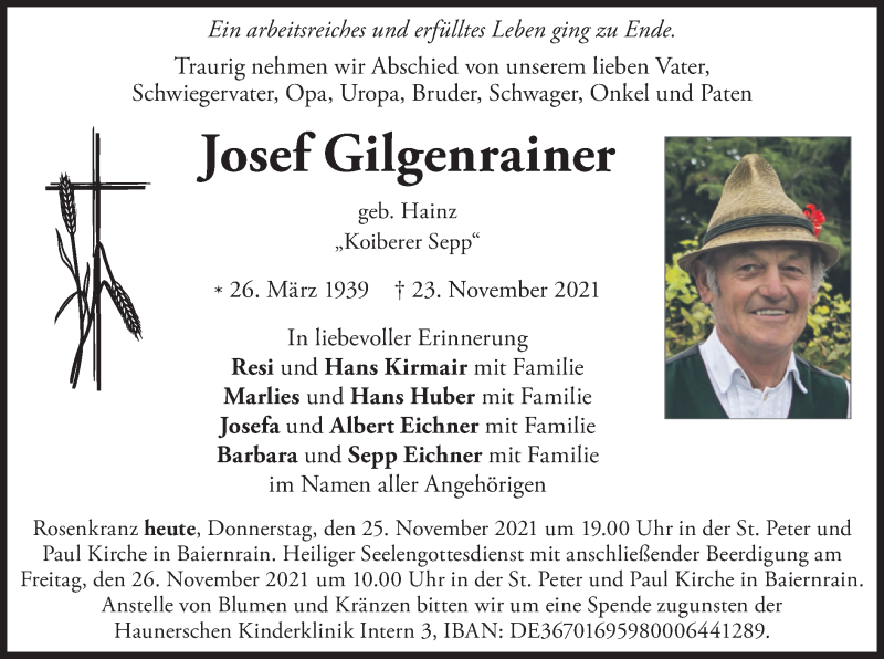  Traueranzeige für Josef Gilgenrainer vom 25.11.2021 aus merkurtz