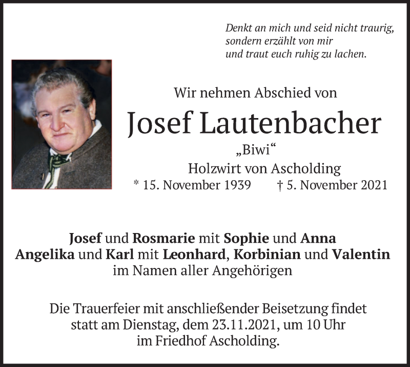  Traueranzeige für Josef Lautenbacher vom 20.11.2021 aus merkurtz