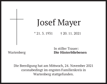 Traueranzeige von Josef Mayer von merkurtz