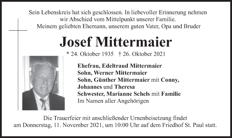  Traueranzeige für Josef Mittermaier vom 06.11.2021 aus merkurtz
