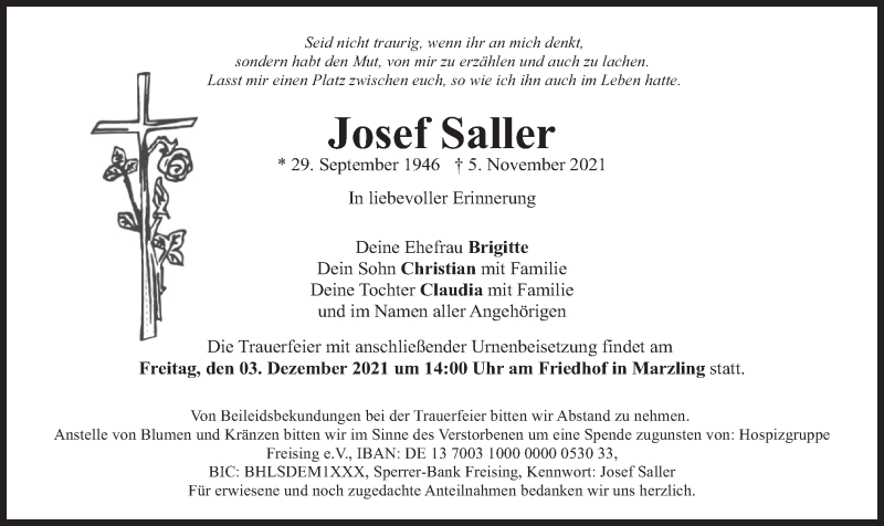  Traueranzeige für Josef Saller vom 27.11.2021 aus merkurtz