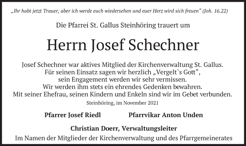  Traueranzeige für Josef Schechner vom 27.11.2021 aus merkurtz