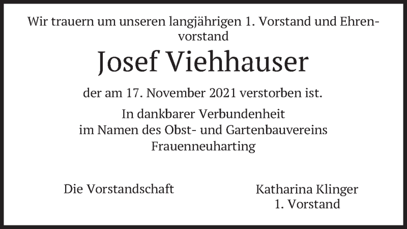  Traueranzeige für Josef Viehhauser vom 23.11.2021 aus merkurtz