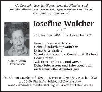 Traueranzeige von Josefine Walcher
