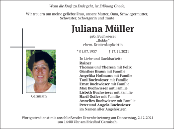 Traueranzeige von Juliana Müller von merkurtz
