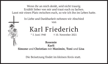 Traueranzeige von Karl Friederich von merkurtz