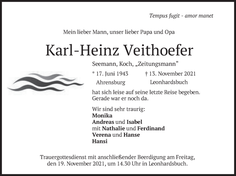  Traueranzeige für Karl-Heinz Veithoefer vom 17.11.2021 aus merkurtz