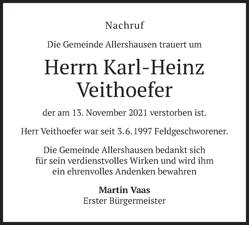  Traueranzeige für Karl-Heinz Veithoefer vom 19.11.2021 aus merkurtz