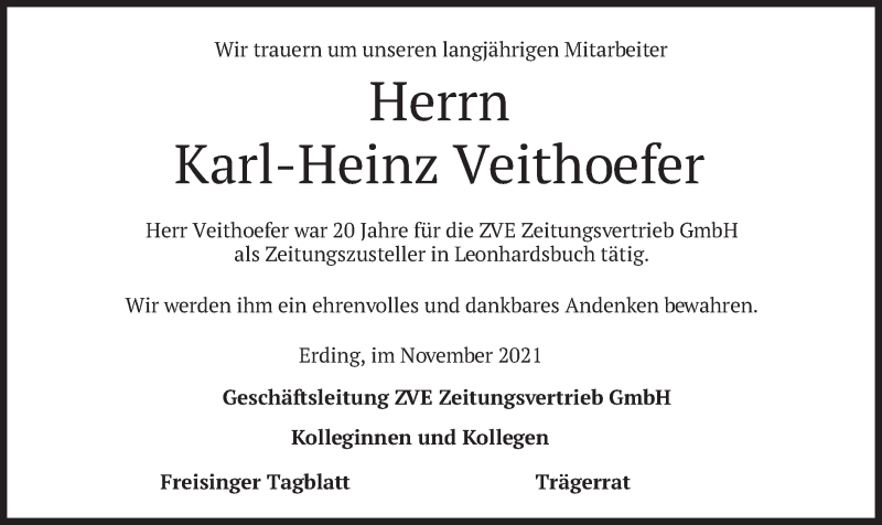  Traueranzeige für Karl-Heinz Veithoefer vom 17.11.2021 aus merkurtz