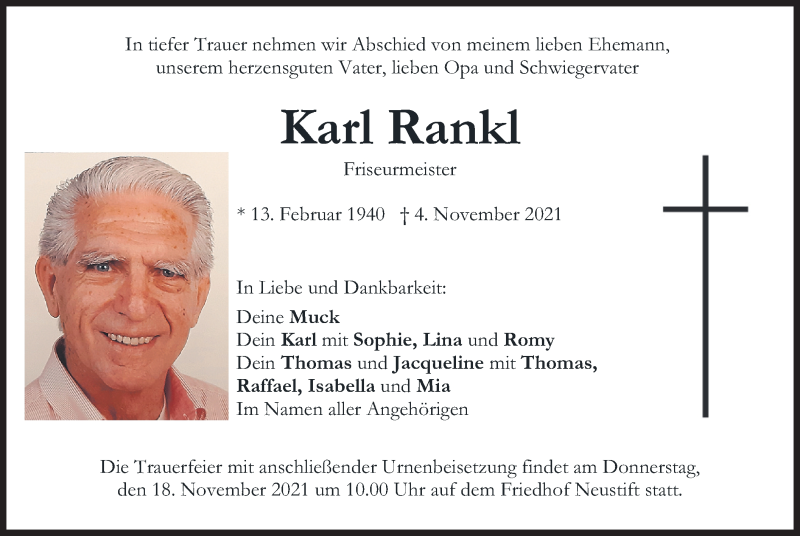  Traueranzeige für Karl Rankl vom 13.11.2021 aus merkurtz