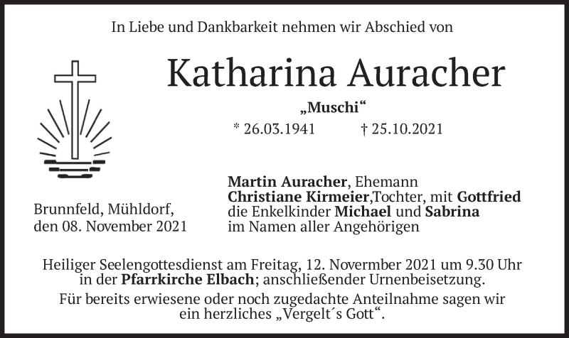  Traueranzeige für Katharina Auracher vom 08.11.2021 aus merkurtz