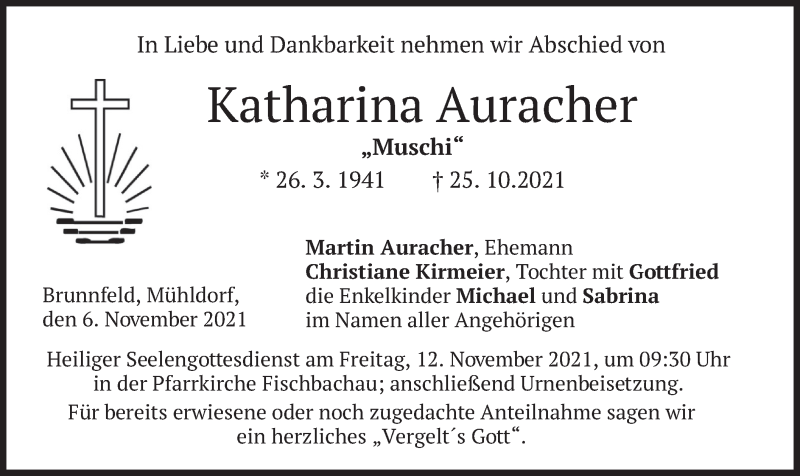  Traueranzeige für Katharina Auracher vom 06.11.2021 aus merkurtz