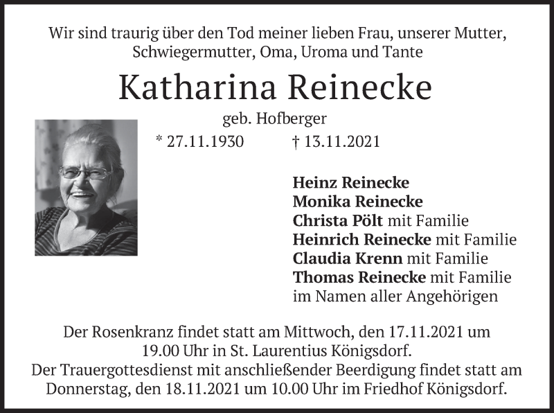 Traueranzeige für Katharina Reinecke vom 17.11.2021 aus merkurtz