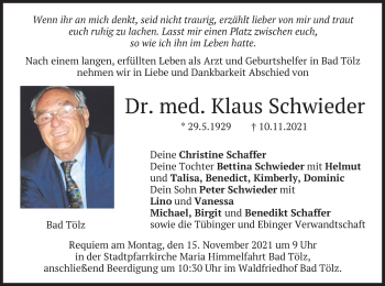 Traueranzeige von Klaus Schwieder von merkurtz