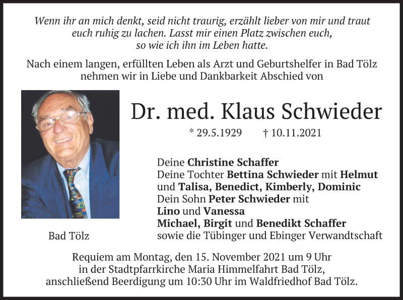  Traueranzeige für Klaus Schwieder vom 12.11.2021 aus merkurtz