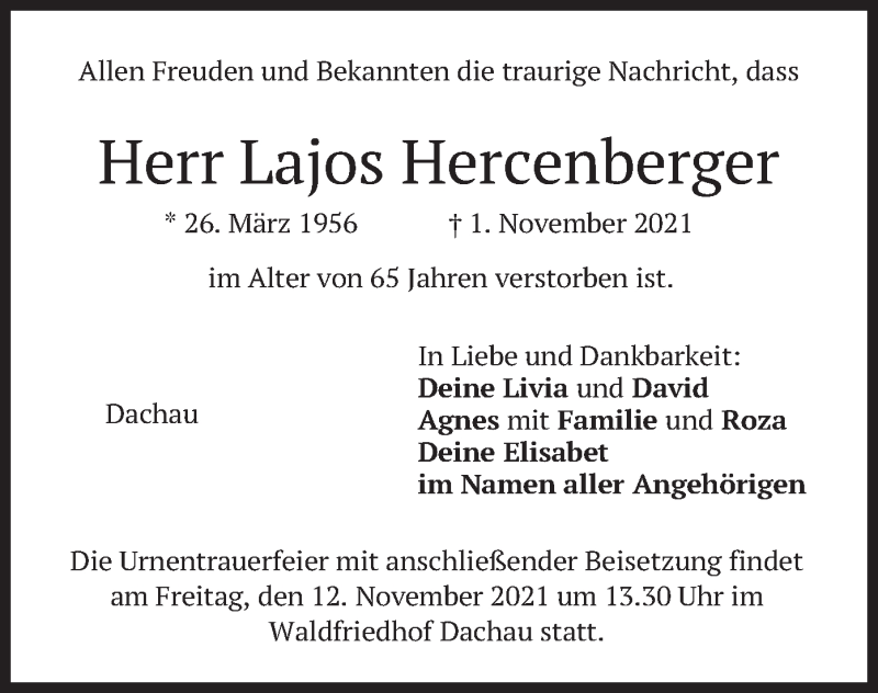  Traueranzeige für Lajos Hercenberger vom 06.11.2021 aus merkurtz