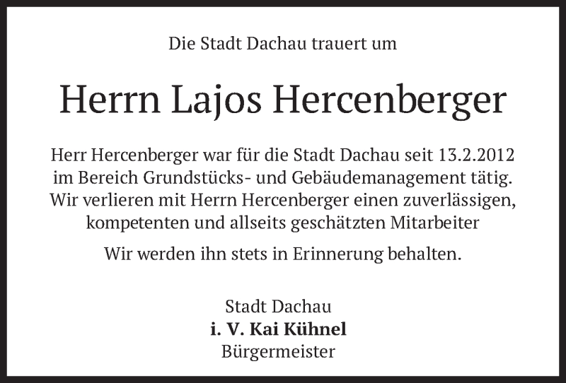  Traueranzeige für Lajos Hercenberger vom 10.11.2021 aus merkurtz