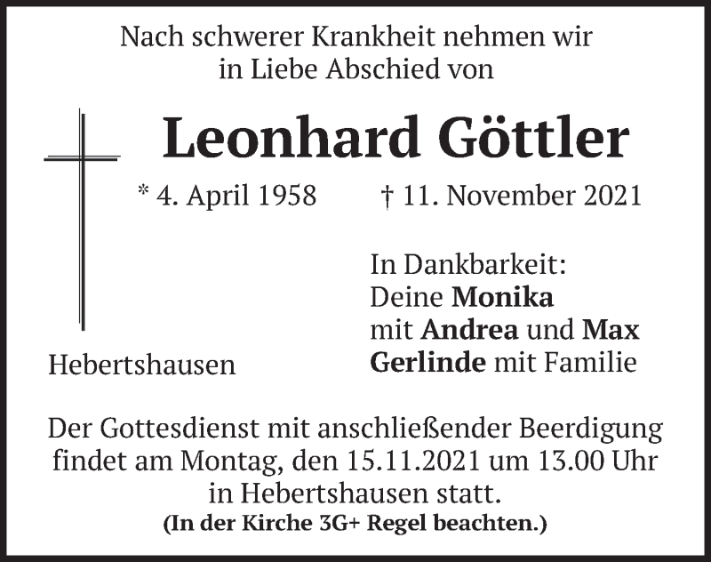  Traueranzeige für Leonhard Göttler vom 13.11.2021 aus merkurtz