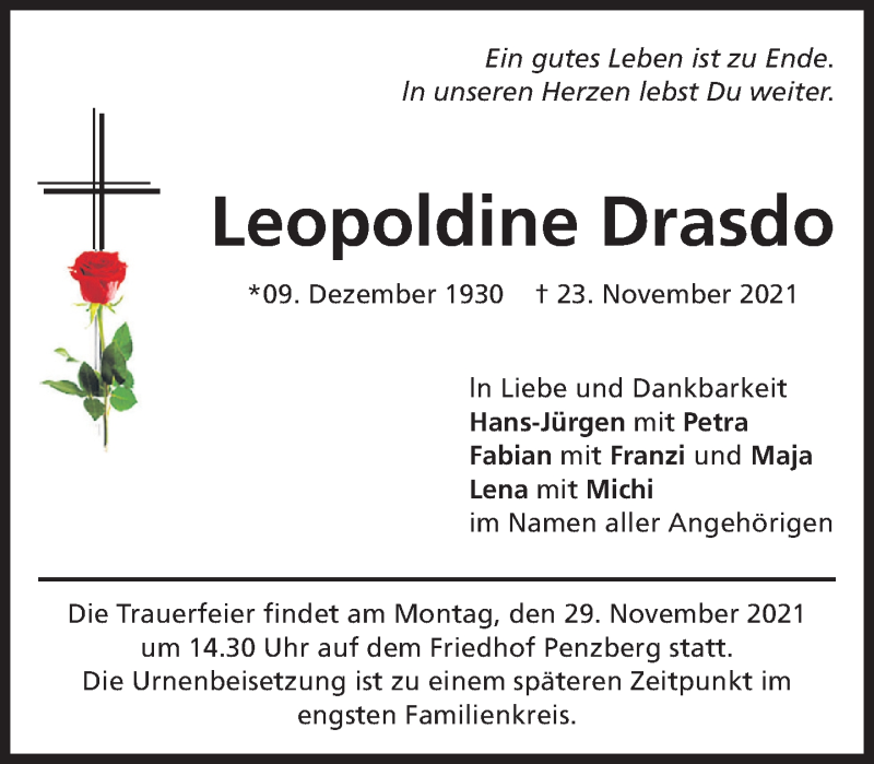  Traueranzeige für Leopoldine Drasdo vom 24.11.2021 aus Das Gelbe Blatt Penzberg