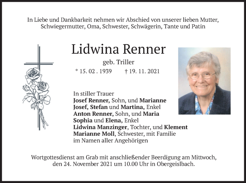  Traueranzeige für Lidwina Renner vom 22.11.2021 aus merkurtz