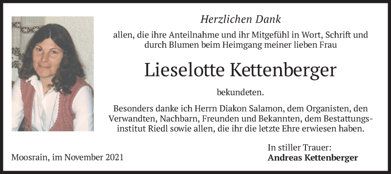  Traueranzeige für Lieselotte Kettenberger vom 06.11.2021 aus merkurtz