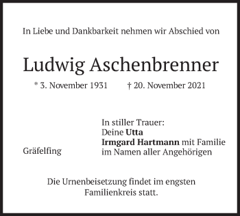 Traueranzeige von Ludwig Aschenbrenner von merkurtz
