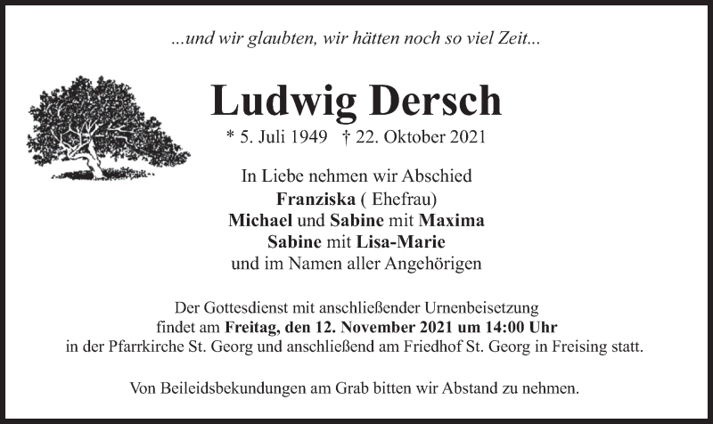  Traueranzeige für Ludwig Dersch vom 06.11.2021 aus merkurtz