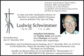 Traueranzeige von Ludwig Schwimmer von merkurtz