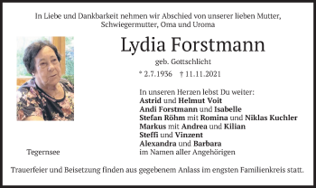 Traueranzeige von Lydia Forstmann von merkurtz