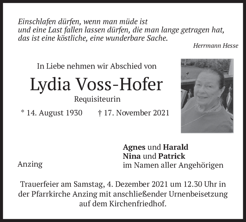  Traueranzeige für Lydia Voss-Hofer vom 27.11.2021 aus merkurtz