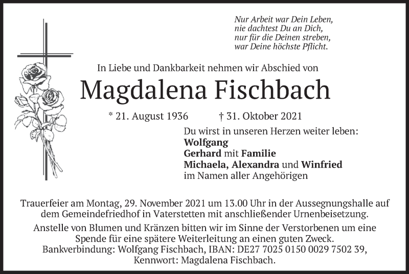  Traueranzeige für Magdalena Fischbach vom 20.11.2021 aus merkurtz
