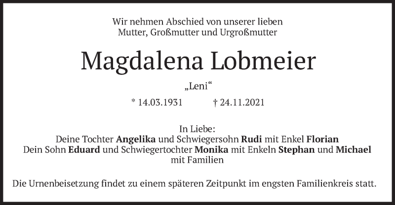  Traueranzeige für Magdalena Lobmeier vom 27.11.2021 aus merkurtz