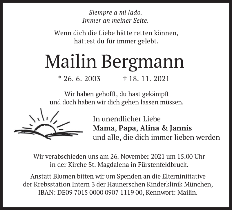  Traueranzeige für Mailin Bergmann vom 24.11.2021 aus merkurtz