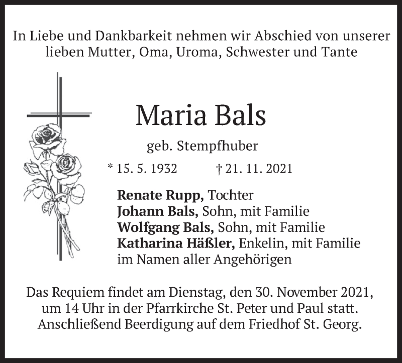  Traueranzeige für Maria Bals vom 27.11.2021 aus merkurtz