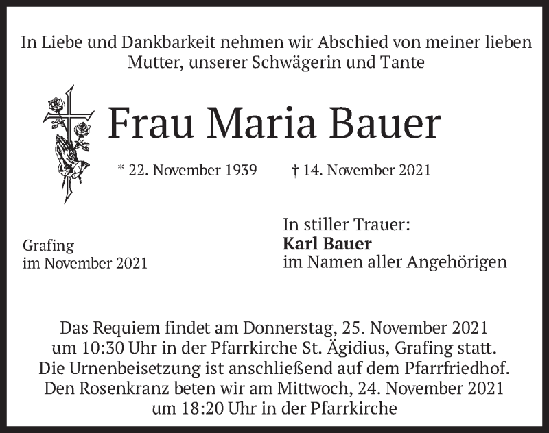  Traueranzeige für Maria Bauer vom 20.11.2021 aus merkurtz