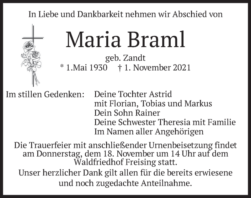  Traueranzeige für Maria Braml vom 13.11.2021 aus merkurtz