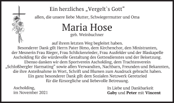 Traueranzeige von Maria Hose von merkurtz