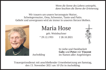 Traueranzeige von Maria Hose von merkurtz