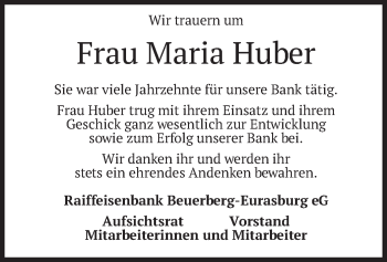 Traueranzeige von Maria Huber von merkurtz