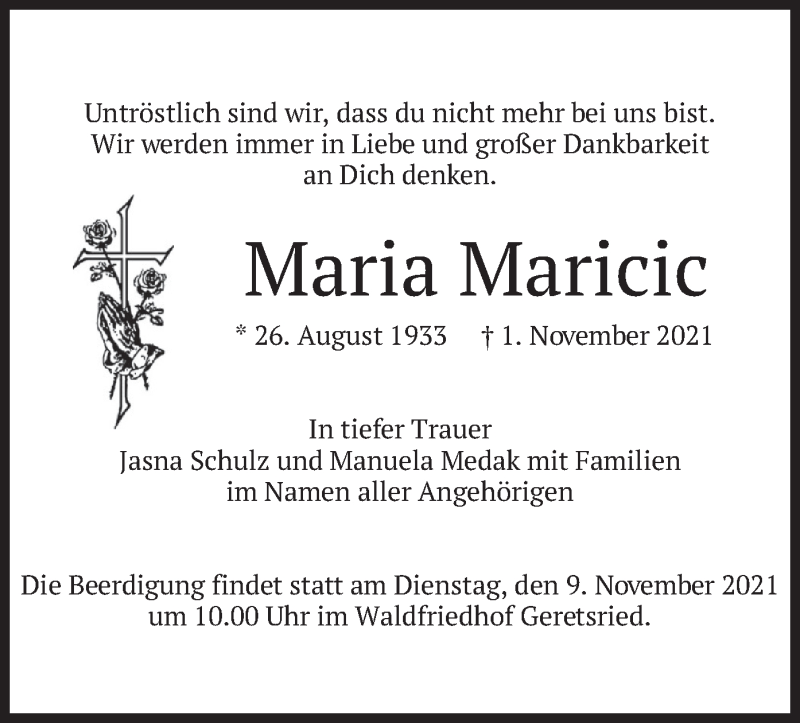  Traueranzeige für Maria Maricic vom 06.11.2021 aus merkurtz