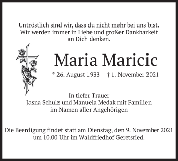 Traueranzeige von Maria Maricic von merkurtz