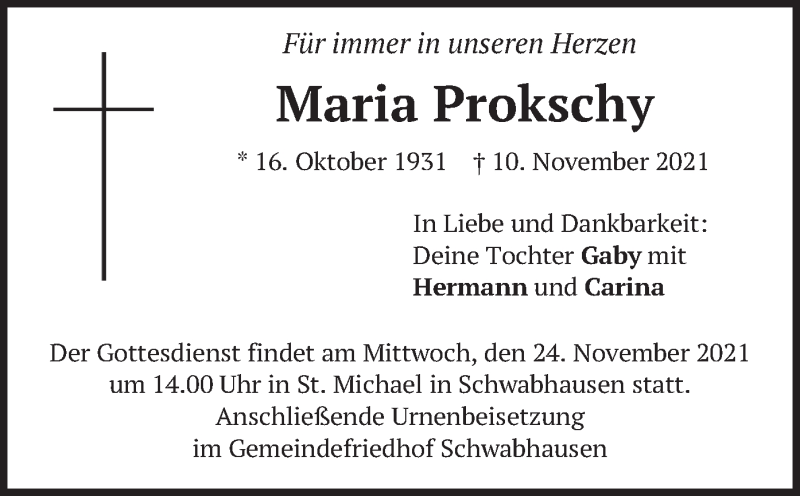  Traueranzeige für Maria Prokschy vom 20.11.2021 aus merkurtz