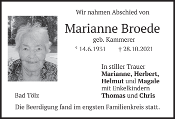Traueranzeige von Marianne Broede von merkurtz