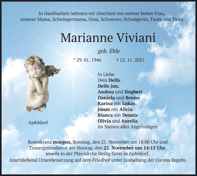  Traueranzeige für Marianne Viviani vom 20.11.2021 aus merkurtz