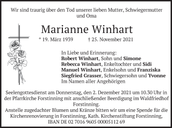 Traueranzeige von Marianne Winhart von merkurtz