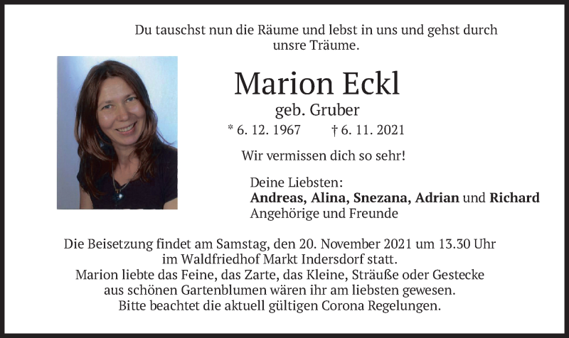  Traueranzeige für Marion Eckl vom 16.11.2021 aus merkurtz